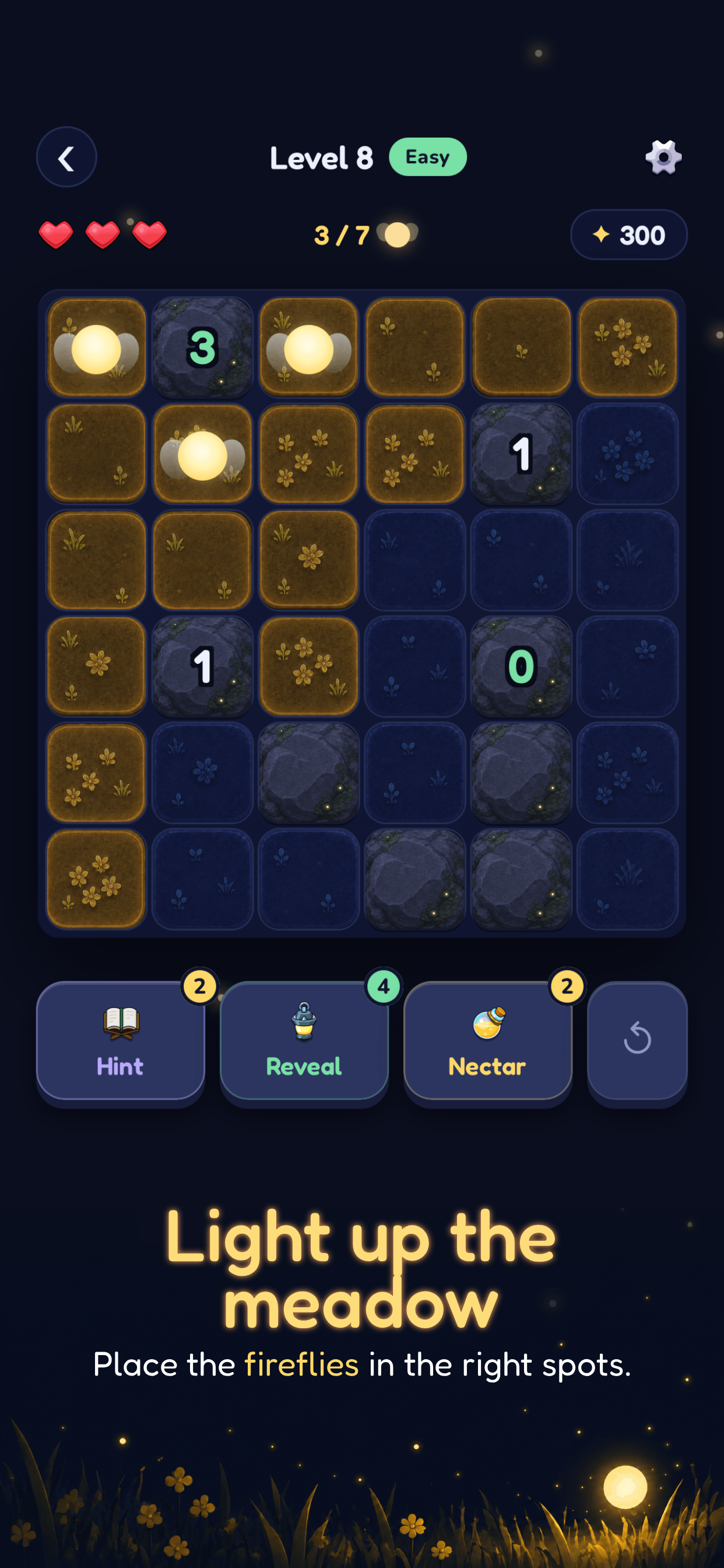 Lucioles gameplay: a nighttime meadow grid where fireflies light up the tiles.