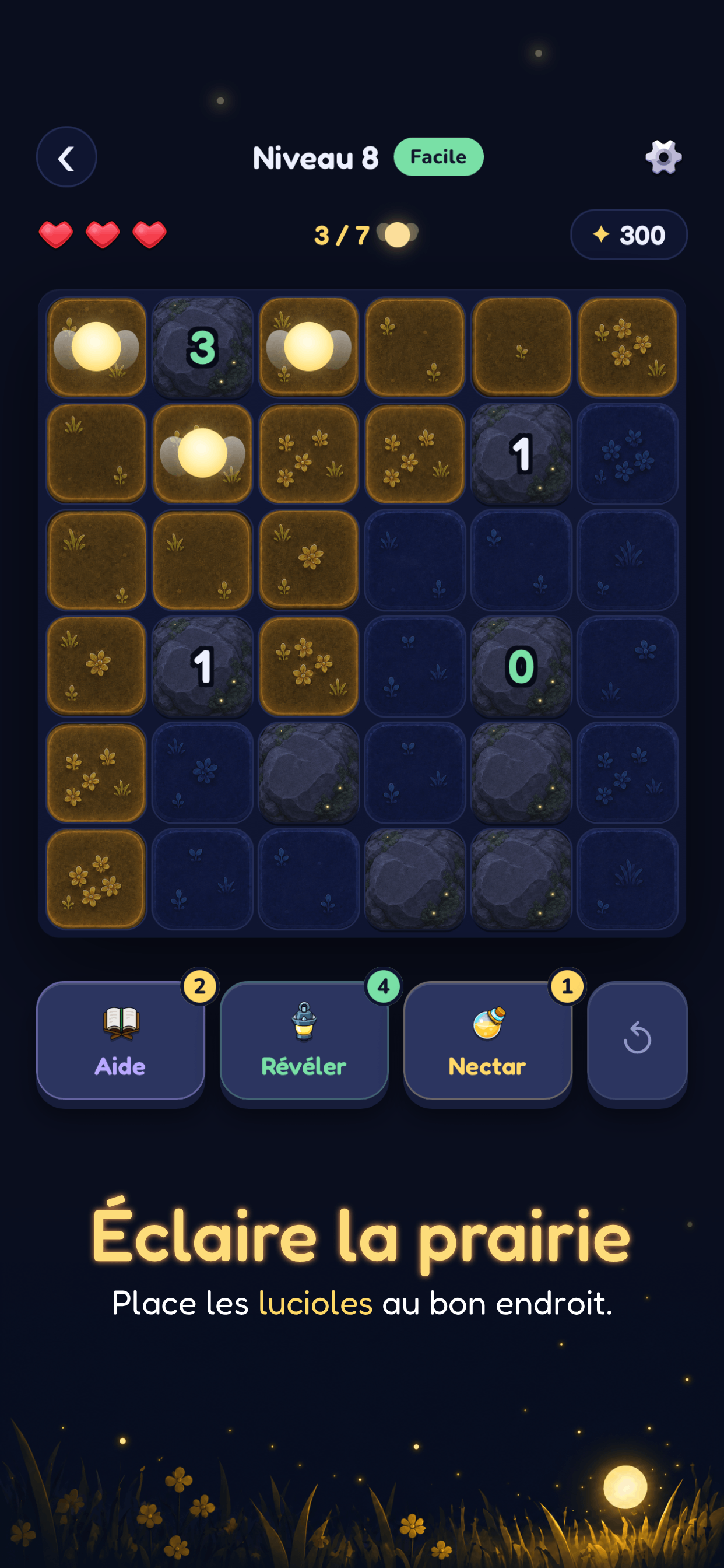 Écran de jeu de Lucioles : une grille de prairie nocturne où des lucioles éclairent les cases.